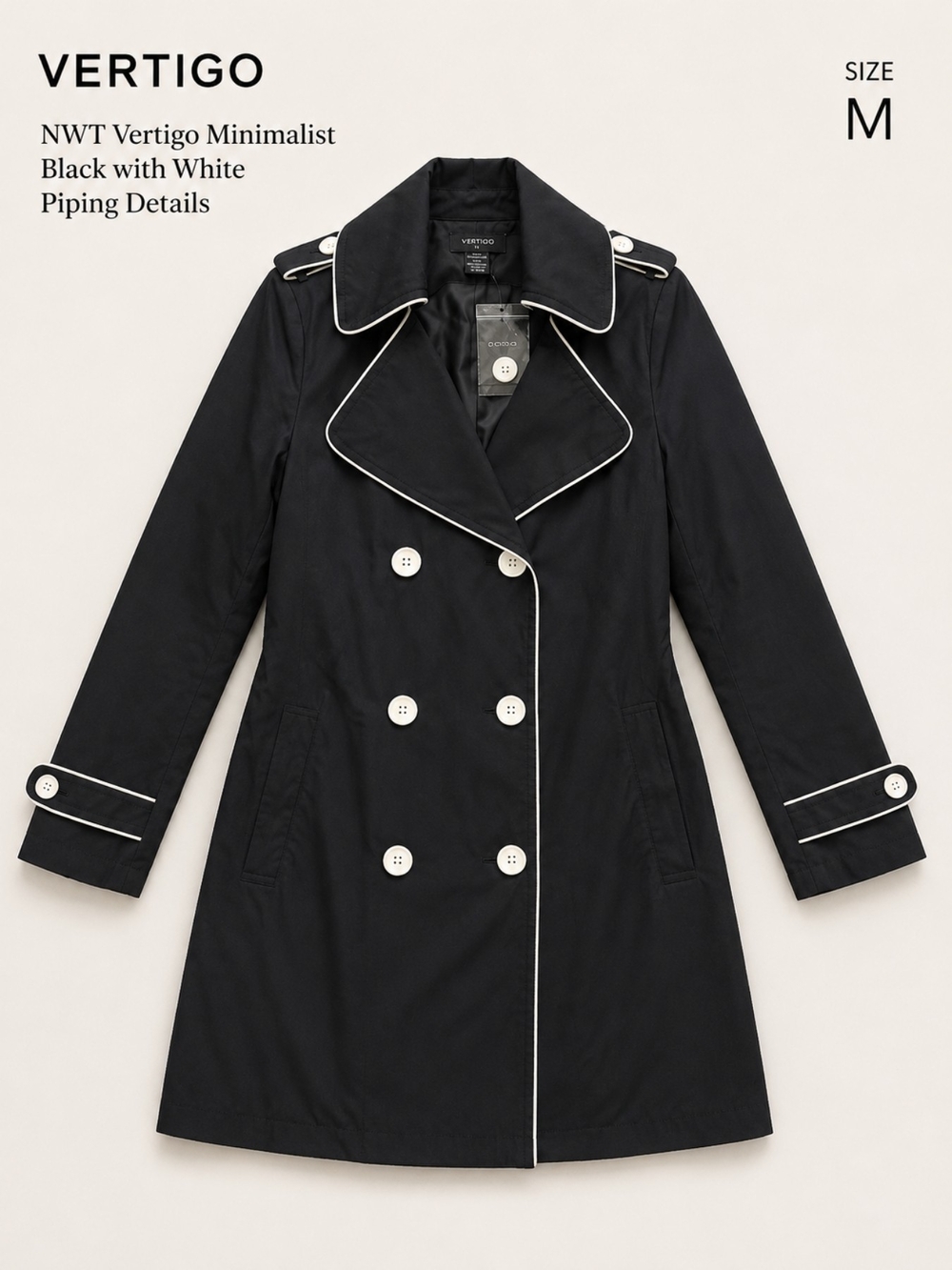 NWT Vertigo Minimalist Black with White Piping Details Short Trench Coat, Size M